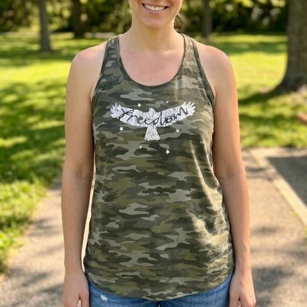Falls Creek Freedom Eagle Camo Tank Top Camouflage Racerback Distressed Green L
